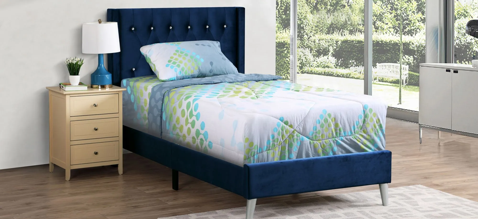 Glory Furniture Bergen Upholstered Panel Bed in Navy Blue by Glory Furniture